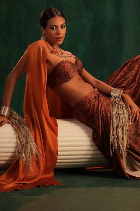 Kaprapan By Anaita Shah_Gold Satin Embroidery Sweetheart Neck Tree Bark Print Draped Skirt Set With Cape_at_Aza_Fashions