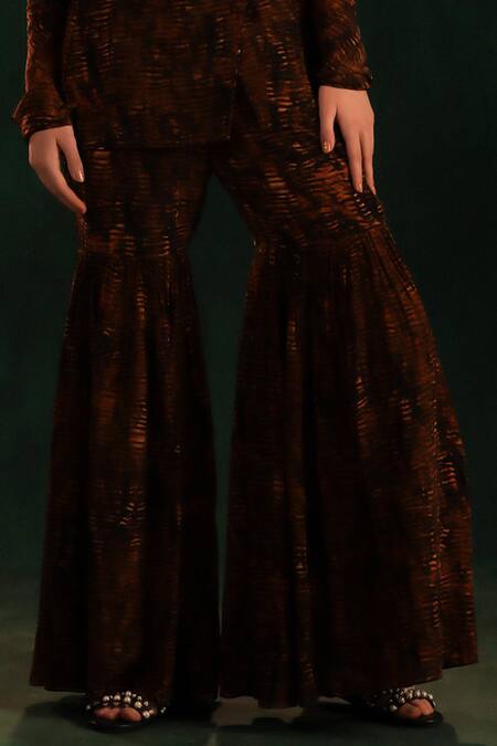 Kaprapan By Anaita Shah_Black Crepe Embroidered Tree Bark Notched Lapel Print Blazer Tunic And Sharara Set_Online_at_Aza_Fashions