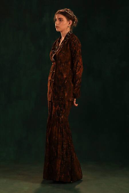 Buy_Kaprapan By Anaita Shah_Black Crepe Embroidered Tree Bark Notched Lapel Print Blazer Tunic And Sharara Set_Online_at_Aza_Fashions