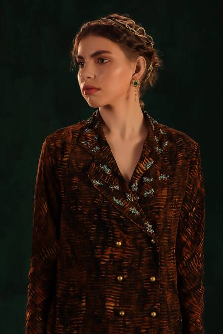 Shop_Kaprapan By Anaita Shah_Black Crepe Embroidered Tree Bark Notched Lapel Print Blazer Tunic And Sharara Set_Online_at_Aza_Fashions
