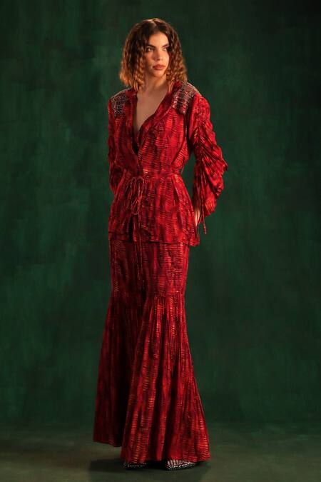 Buy_Kaprapan By Anaita Shah_Fuchsia Chiffon Embroidered Tree Bark Tunic Notched Lapel Print Sharara Set_Online_at_Aza_Fashions