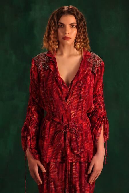 Shop_Kaprapan By Anaita Shah_Fuchsia Chiffon Embroidered Tree Bark Tunic Notched Lapel Print Sharara Set_Online_at_Aza_Fashions