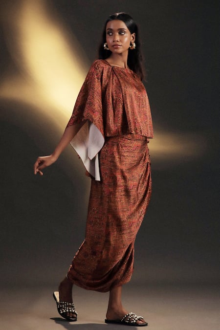 Kaprapan By Anaita Shah_Gold Satin Boat Neck Tree Bark Print Top And Skirt Set_Online_at_Aza_Fashions