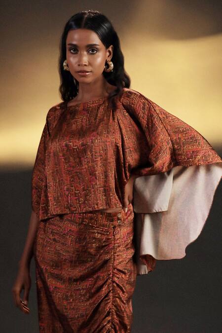 Buy_Kaprapan By Anaita Shah_Gold Satin Boat Neck Tree Bark Print Top And Skirt Set_Online_at_Aza_Fashions