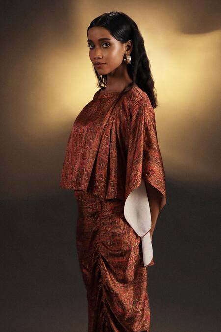 Shop_Kaprapan By Anaita Shah_Gold Satin Boat Neck Tree Bark Print Top And Skirt Set_Online_at_Aza_Fashions