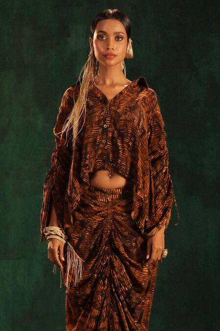 Kaprapan By Anaita Shah_Black Crepe Collared Tree Bark Print Shirt And Skirt Set_Online_at_Aza_Fashions