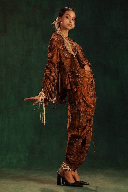 Kaprapan By Anaita Shah_Black Crepe Collared Tree Bark Print Shirt And Skirt Set_at_Aza_Fashions