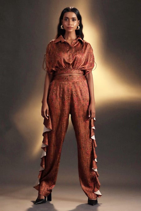 Kaprapan By Anaita Shah_Gold Satin Collared Printed Top And Ruffle Pant Set_Online_at_Aza_Fashions