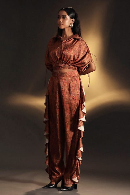 Shop_Kaprapan By Anaita Shah_Gold Satin Collared Printed Top And Ruffle Pant Set_Online_at_Aza_Fashions