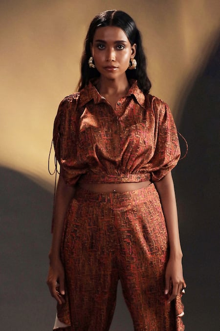 Kaprapan By Anaita Shah_Gold Satin Collared Printed Top And Ruffle Pant Set_at_Aza_Fashions