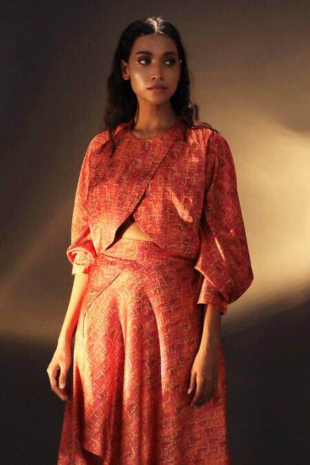Kaprapan By Anaita Shah_Pink Satin Round Neck Printed Wrap Top And Skirt Set_Online_at_Aza_Fashions
