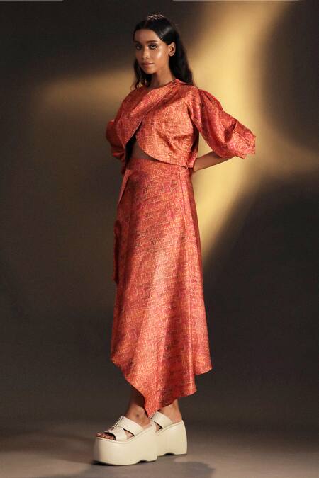 Buy_Kaprapan By Anaita Shah_Pink Satin Round Neck Printed Wrap Top And Skirt Set_Online_at_Aza_Fashions