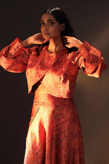 Shop_Kaprapan By Anaita Shah_Pink Satin Round Neck Printed Wrap Top And Skirt Set_Online_at_Aza_Fashions