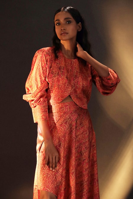 Kaprapan By Anaita Shah_Pink Satin Round Neck Printed Wrap Top And Skirt Set_at_Aza_Fashions