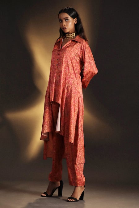 Kaprapan By Anaita Shah_Pink Satin Printed Tree Bark Spread Collar High Low Tunic And Pant Set_Online_at_Aza_Fashions