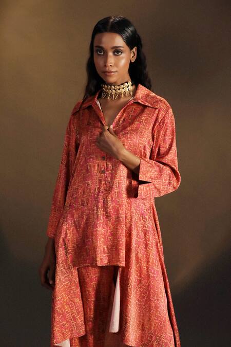 Shop_Kaprapan By Anaita Shah_Pink Satin Printed Tree Bark Spread Collar High Low Tunic And Pant Set_Online_at_Aza_Fashions