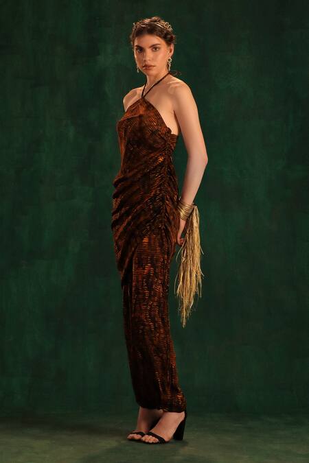 Kaprapan By Anaita Shah_Black Crepe Printed Tree Bark Halter Neck Tunic And Pant Set_Online_at_Aza_Fashions