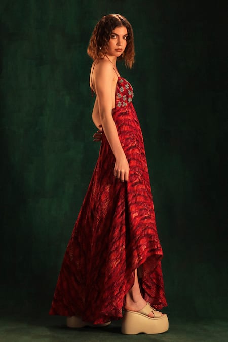 Kaprapan By Anaita Shah_Fuchsia Chiffon Printed Tree Bark Sweetheart Neck Jumpsuit_Online_at_Aza_Fashions