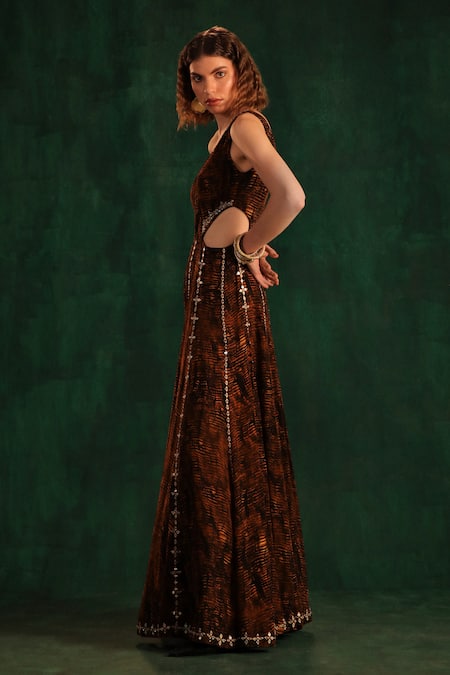 Kaprapan By Anaita Shah_Black Crepe Printed Tree Bark Asymmetric One Shoulder Jumpsuit_Online_at_Aza_Fashions