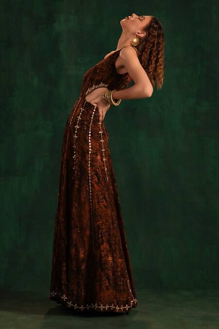 Buy_Kaprapan By Anaita Shah_Black Crepe Printed Tree Bark Asymmetric One Shoulder Jumpsuit_Online_at_Aza_Fashions