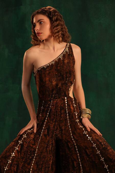 Shop_Kaprapan By Anaita Shah_Black Crepe Printed Tree Bark Asymmetric One Shoulder Jumpsuit_Online_at_Aza_Fashions