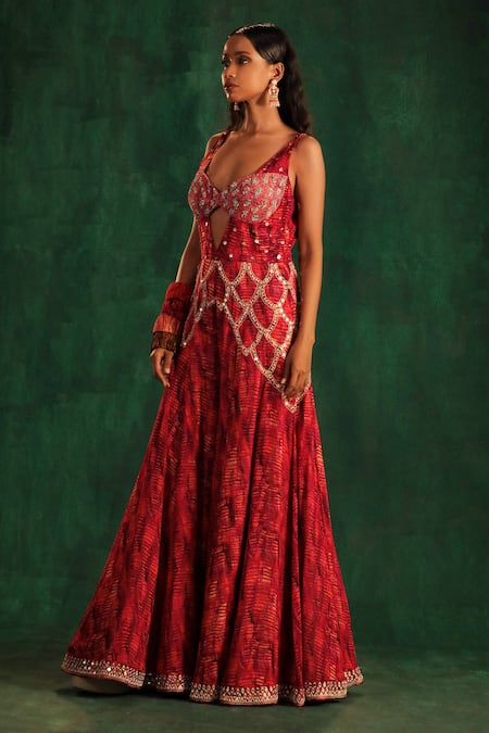 Buy_Kaprapan By Anaita Shah_Fuchsia Chiffon Printed Tree Bark Sweetheart Neck Pleated Jumpsuit_Online_at_Aza_Fashions