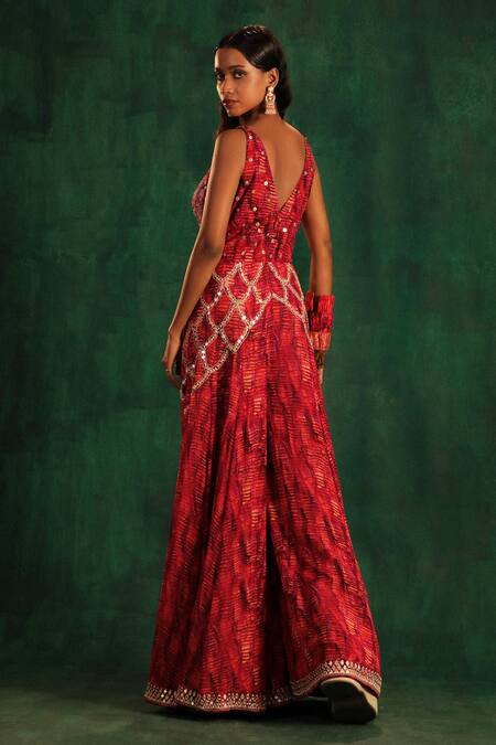 Shop_Kaprapan By Anaita Shah_Fuchsia Chiffon Printed Tree Bark Sweetheart Neck Pleated Jumpsuit_Online_at_Aza_Fashions