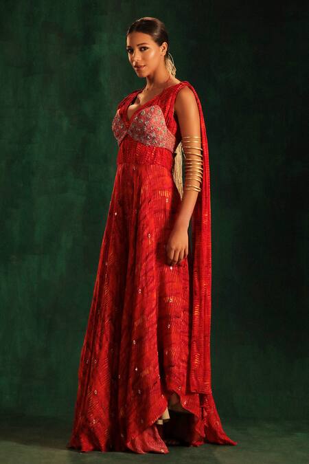 Kaprapan By Anaita Shah_Red Chiffon Printed Tree Bark V Neck Sleeveless Jumpsuit_Online_at_Aza_Fashions