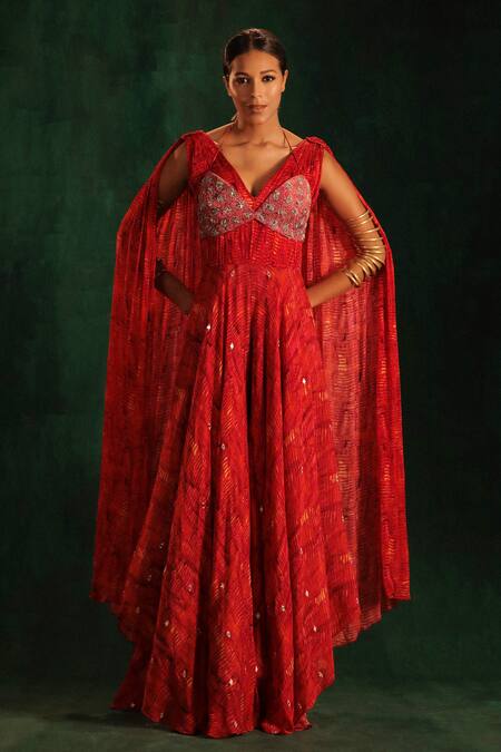 Buy_Kaprapan By Anaita Shah_Red Chiffon Printed Tree Bark V Neck Sleeveless Jumpsuit_Online_at_Aza_Fashions