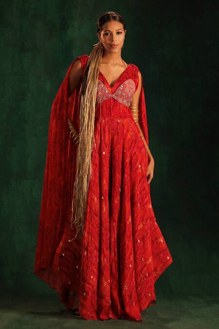 Buy_Kaprapan By Anaita Shah_Red Chiffon Printed Tree Bark V Neck Jumpsuit With Bustier_Online_at_Aza_Fashions