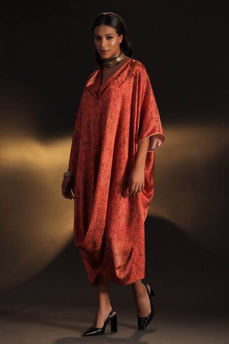 Kaprapan By Anaita Shah_Pink Satin Lace Collared Tree Bark Print Kaftan_Online_at_Aza_Fashions