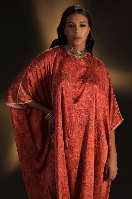 Shop_Kaprapan By Anaita Shah_Pink Satin Lace Collared Tree Bark Print Kaftan_Online_at_Aza_Fashions