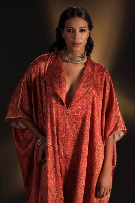 Kaprapan By Anaita Shah_Pink Satin Lace Collared Tree Bark Print Kaftan_at_Aza_Fashions