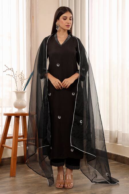 Shop_ASRUMO_Black Muslin, Organza, Cotton Embroidery V-neck Straight Kurta Pant Set_Online_at_Aza_Fashions