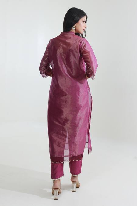 Shop ASRUMO Purple Tissue, Muslin, Organza Embroidery V-neck Straight Kurta Pant Set at Aza Fashions Shop_ASRUMO_Purple Tissue, Muslin, Organza Embroidery V-neck Straight Kurta Pant Set_at_Aza_Fashions