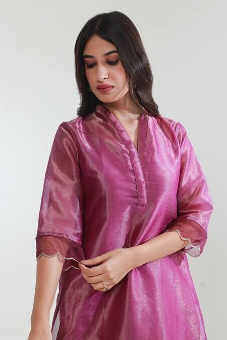 ASRUMO Purple Tissue, Muslin, Organza Embroidery V-neck Straight Kurta Pant Set Online at Aza Fashions ASRUMO_Purple Tissue, Muslin, Organza Embroidery V-neck Straight Kurta Pant Set_Online_at_Aza_Fashions
