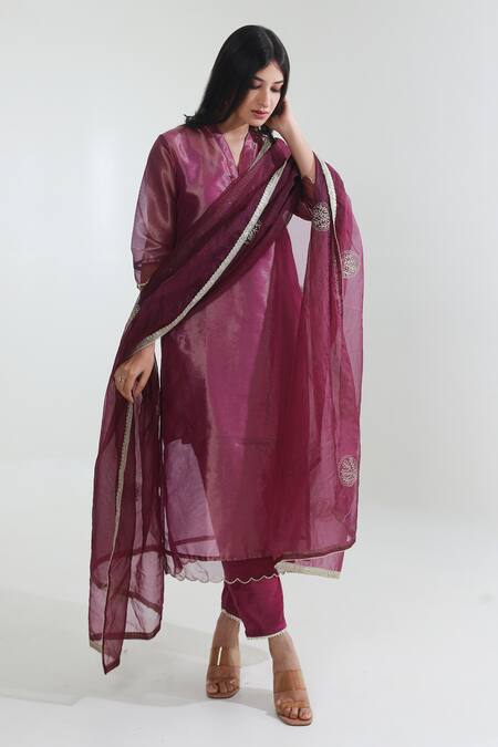 Buy ASRUMO Purple Tissue, Muslin, Organza Embroidery V-neck Straight Kurta Pant Set Online at Aza Fashions Buy_ASRUMO_Purple Tissue, Muslin, Organza Embroidery V-neck Straight Kurta Pant Set_Online_at_Aza_Fashions
