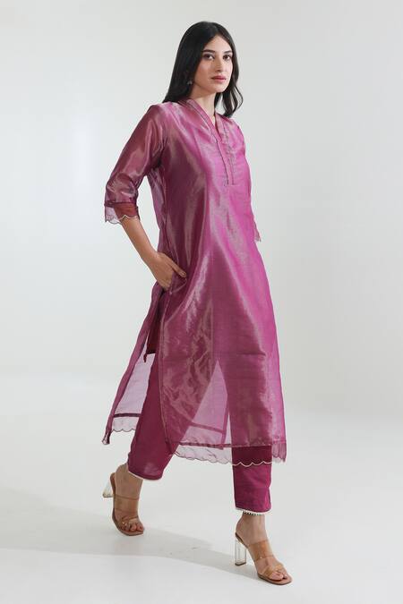 Shop ASRUMO Purple Tissue, Muslin, Organza Embroidery V-neck Straight Kurta Pant Set Online at Aza Fashions Shop_ASRUMO_Purple Tissue, Muslin, Organza Embroidery V-neck Straight Kurta Pant Set_Online_at_Aza_Fashions