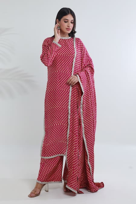 ASRUMO Pink Muslin Print Bandhej Round Straight Kurta Flared Pant Set 