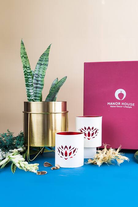 Shop_Manor House_Gold Glass And Iron Waves & Lotus Gift Set_at_Aza_Fashions