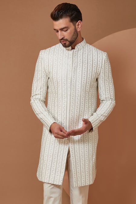 Kasbah_Ivory Silk Embroidery Thread Sherwani Set _Online_at_Aza_Fashions