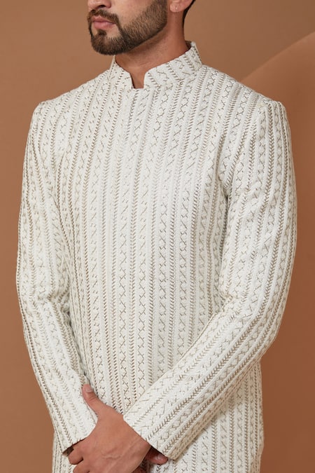 Buy_Kasbah_Ivory Silk Embroidery Thread Sherwani Set _Online_at_Aza_Fashions