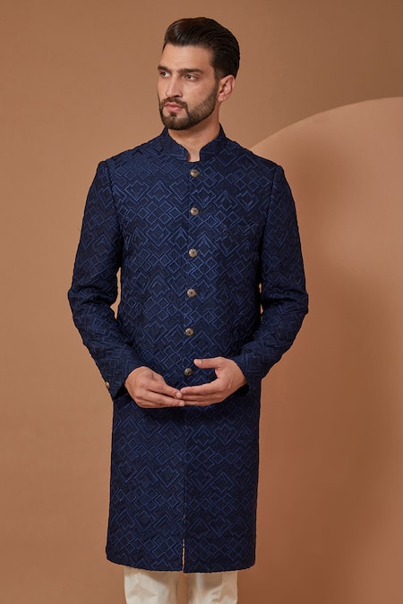 Kasbah_Blue Silk Embroidery Thread Work Sherwani_Online_at_Aza_Fashions