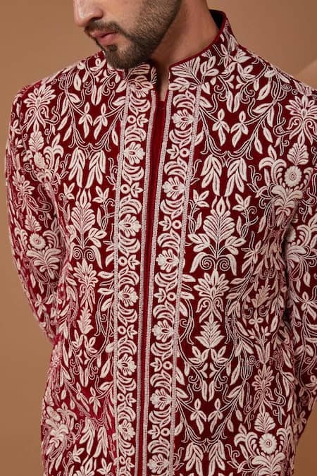 Buy_Kasbah_Maroon Velvet, Cotton Embroidery Thread Sherwani Set _Online_at_Aza_Fashions