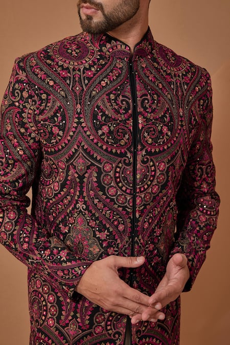 Buy_Kasbah_Black Georgette Embroidery Jamawar Thread Sherwani_Online_at_Aza_Fashions