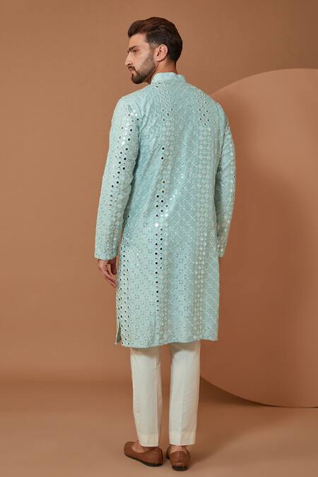 Shop_Kasbah_Sky Blue Silk Embroidery, Mirrors Kurta_at_Aza_Fashions