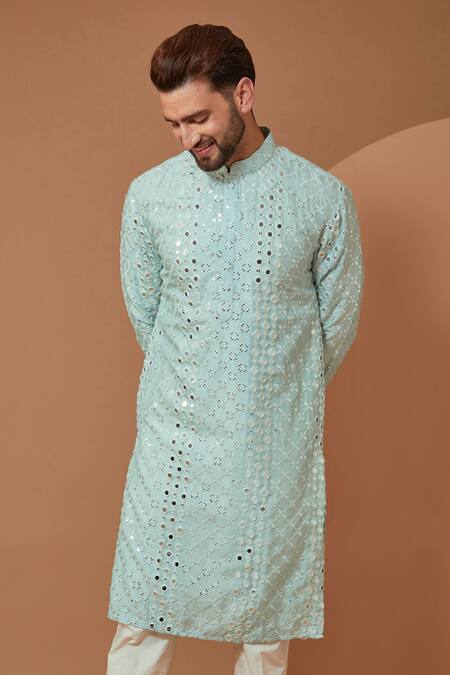 Kasbah_Sky Blue Silk Embroidery, Mirrors Kurta_Online_at_Aza_Fashions