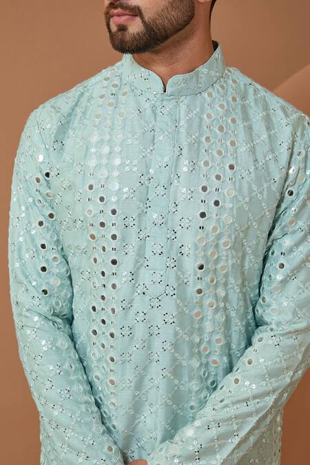 Buy_Kasbah_Sky Blue Silk Embroidery, Mirrors Kurta_Online_at_Aza_Fashions
