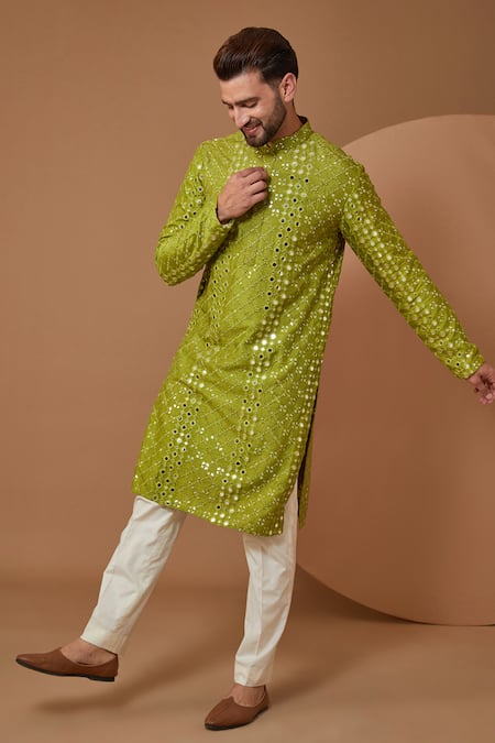Kasbah_Green Silk Mirrors, Embroidery Mirrorwork Kurta_Online_at_Aza_Fashions