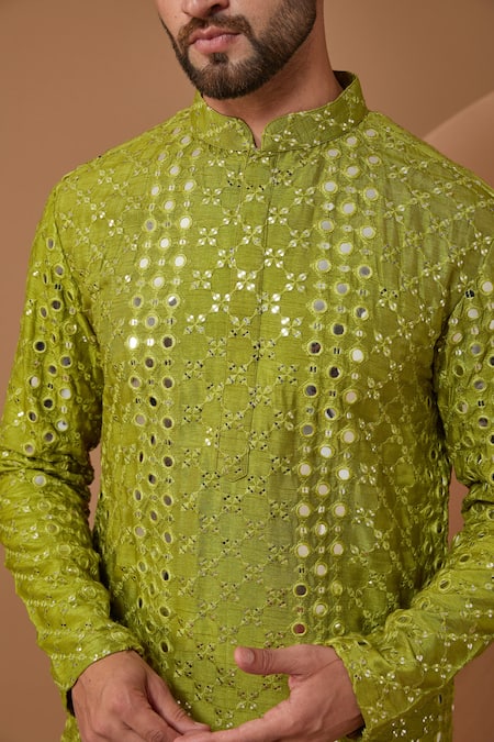 Buy_Kasbah_Green Silk Mirrors, Embroidery Mirrorwork Kurta_Online_at_Aza_Fashions